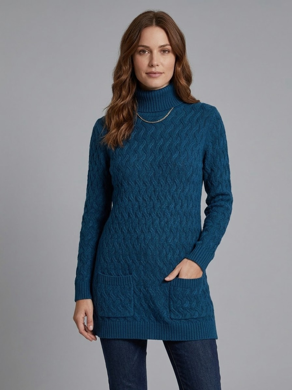 Jeanne Pierre 100% cotton Large Cable-Knit Turtleneck Tunic Sweater Teal Topaz